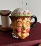 Pin cushion - vintage Toby jug - embroidered flowers and bee