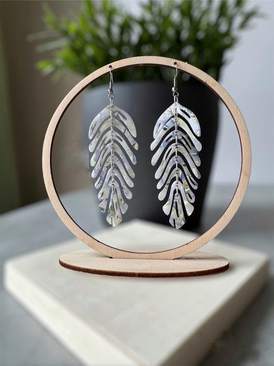 Subtle Lilac Green and pearlescent Feather Leaf Earrings 