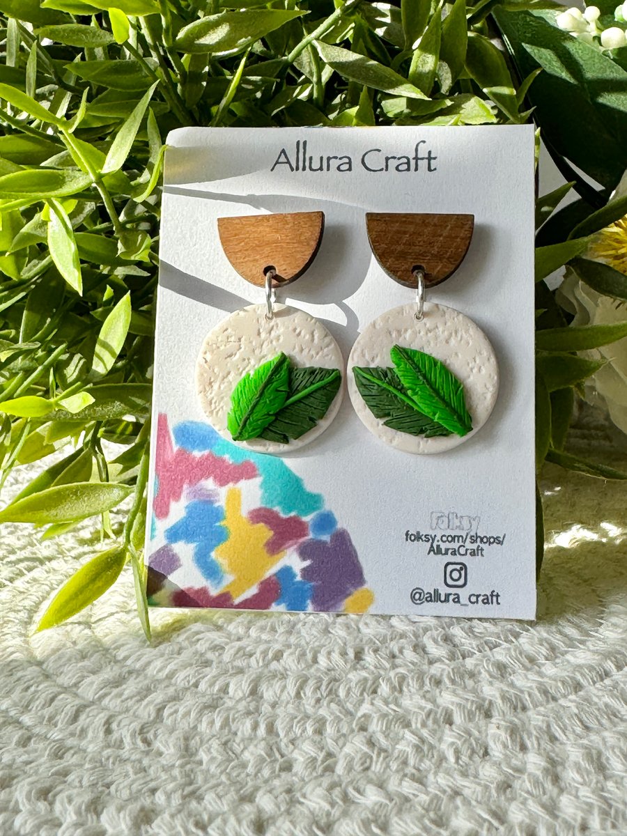 Palm Leaves With White & Wood Earrings