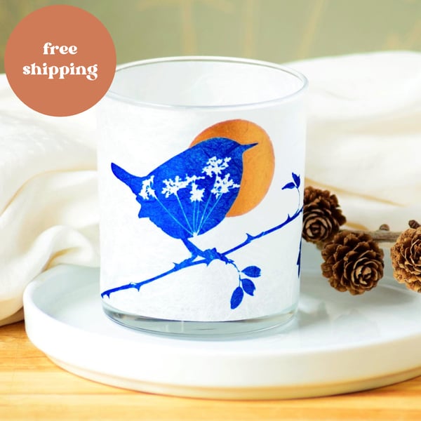 Gold Collection Wren Cyanotype Candle holder, teacher gift, garden birds