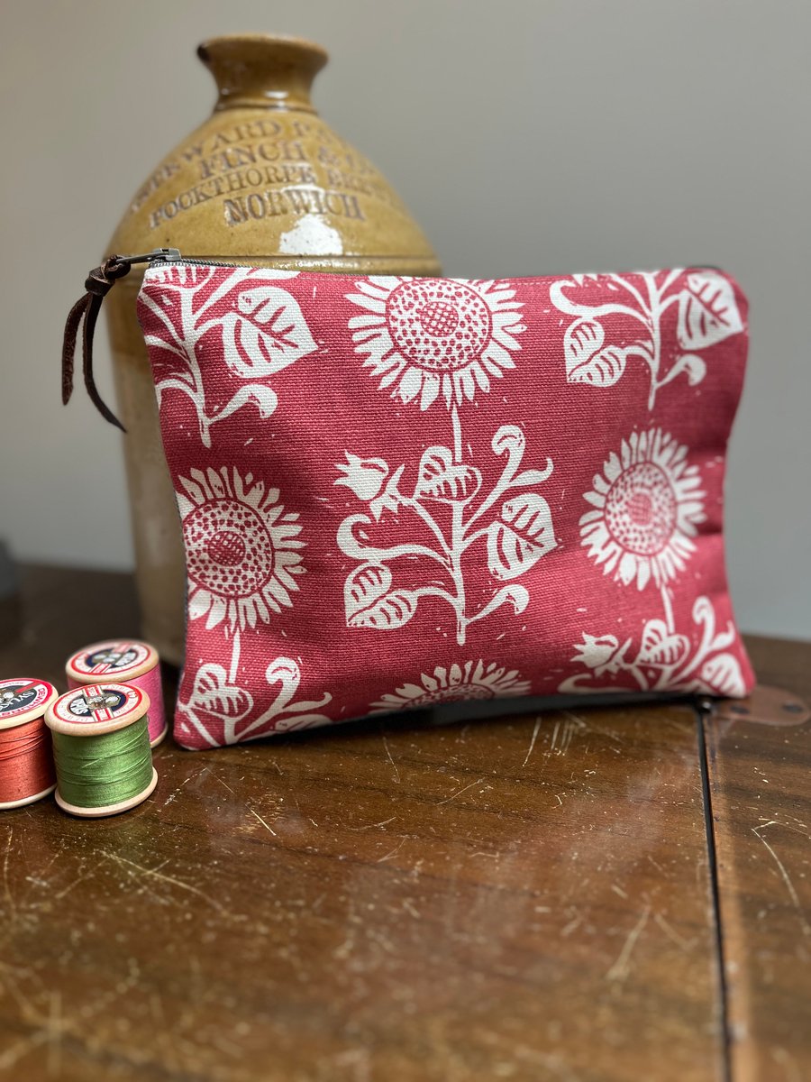 Sunflowers linen pouch with reclaimed denim back 