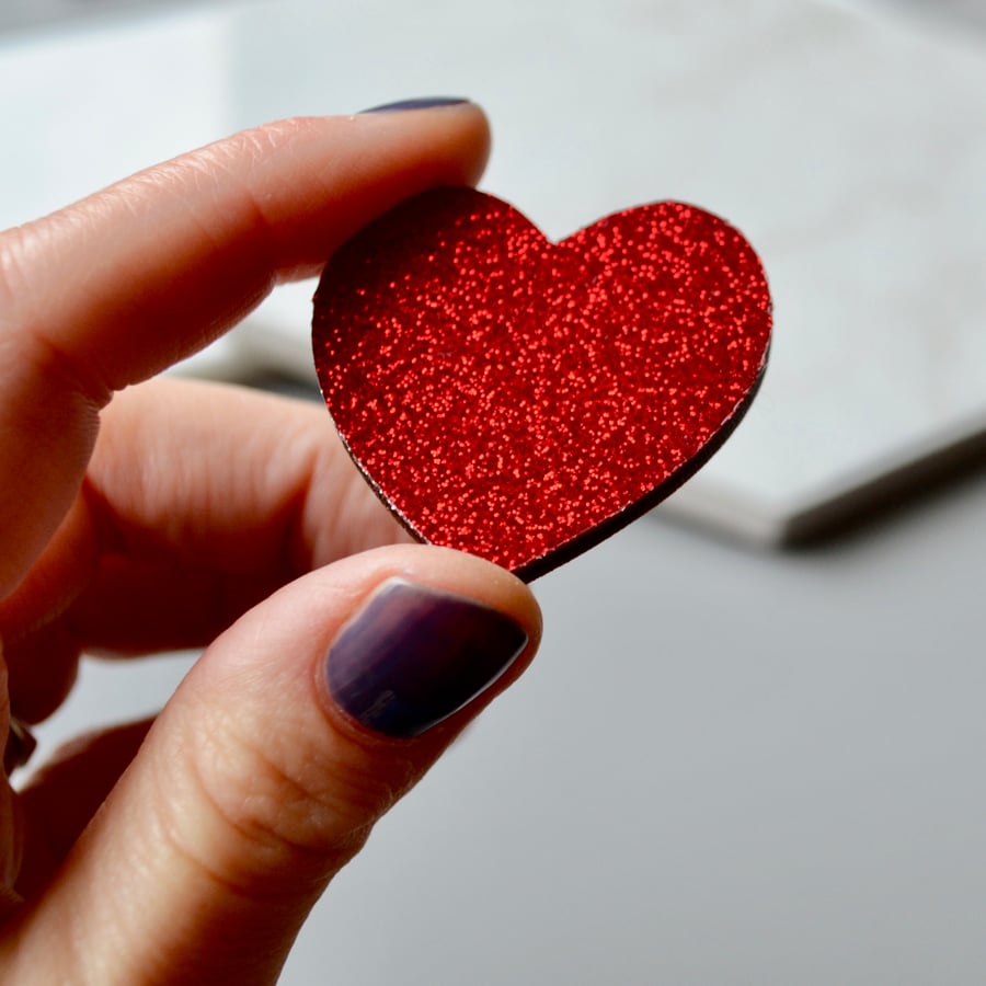 Big Red Glitter Wooden Heart Brooch