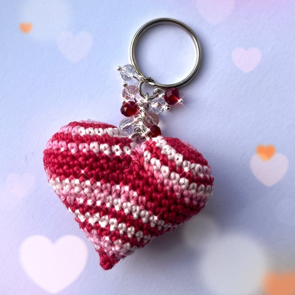 Microcrochet Pink Gem Heart Keyring 