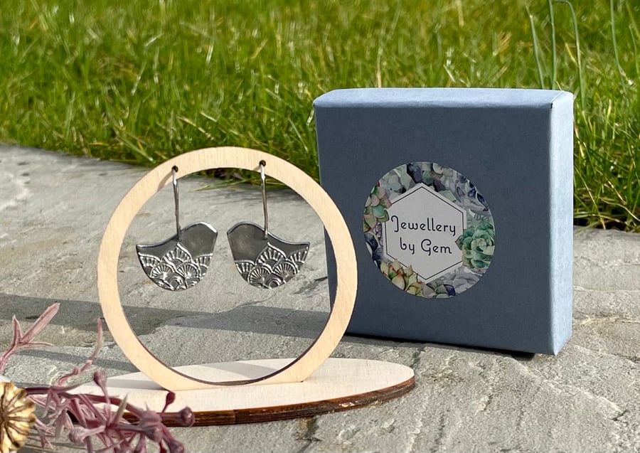 Stylised bird drop earrings no.1, in fine silver 