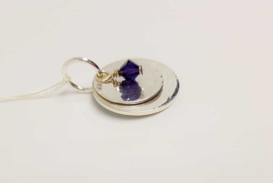 Double Layer Disc Sterling Silver Pendant with Purple Crystal on sterling silver