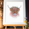 Floral Highland Cow Art Print 