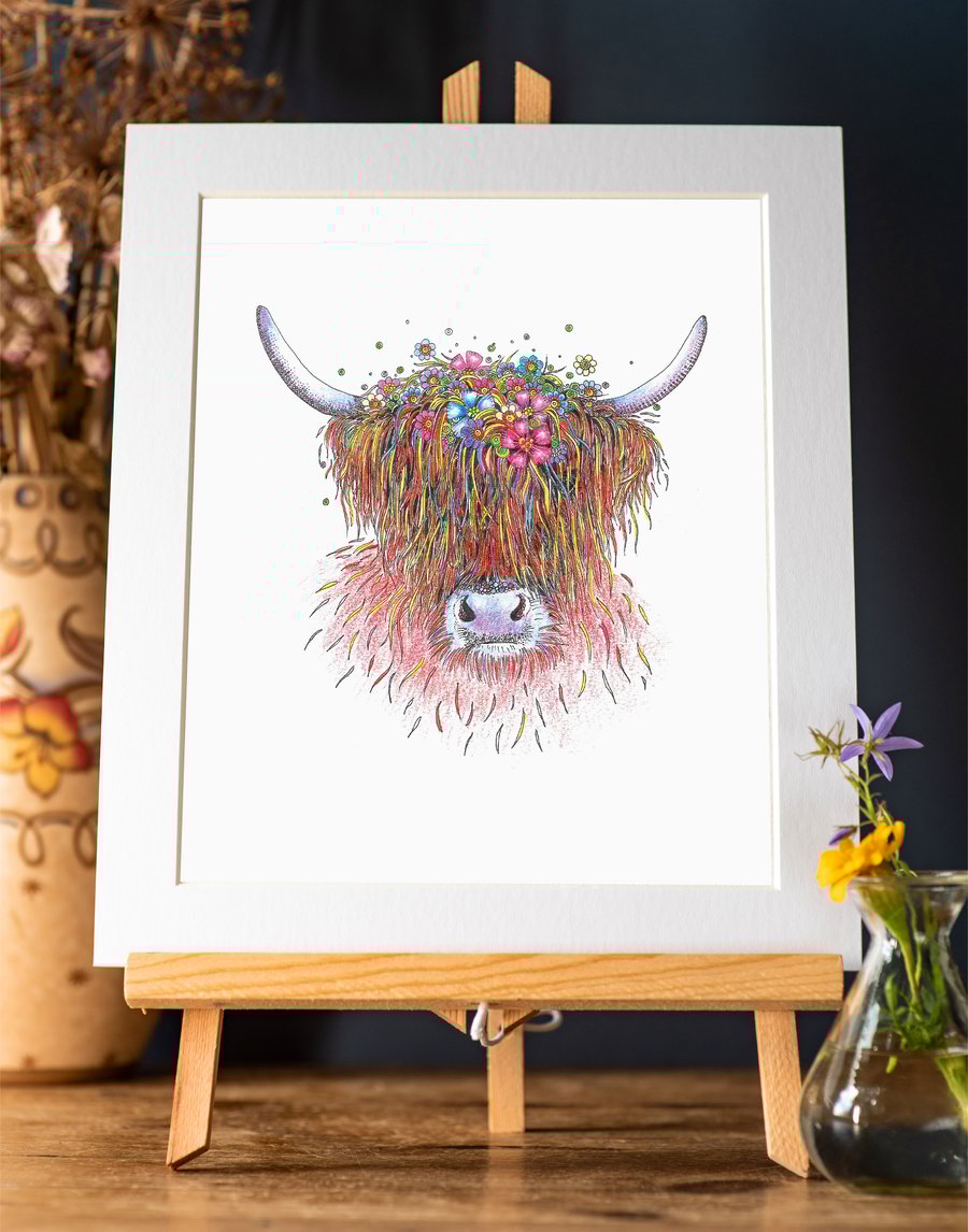 Floral Highland Cow Art Print 