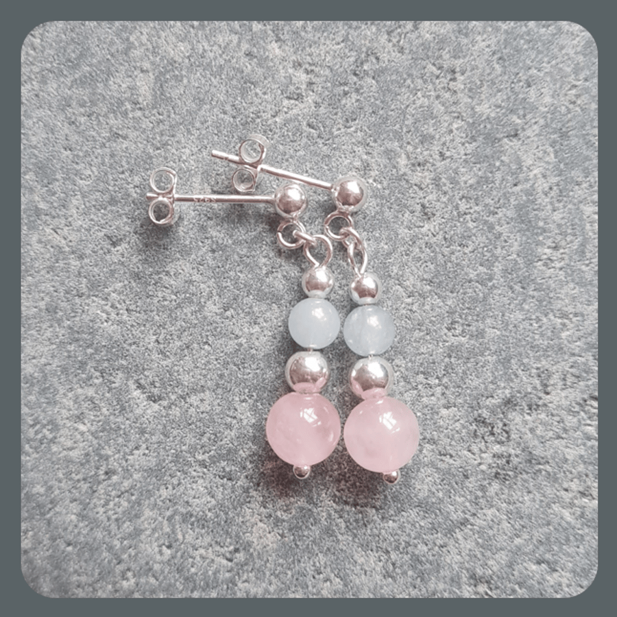 Unique Sterling Silver French Drop Rose Quartz and Aquamarine Earrings 