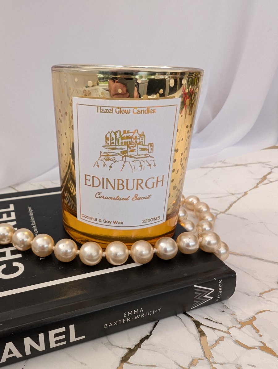 Edinburgh Destination Candle, Caramel Biscuit Scent, Gold Sparkle container