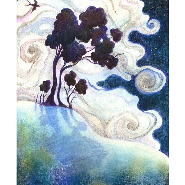 Magical landscape Giclee Print  - 'One Bright Night' - fairytale art, tree art