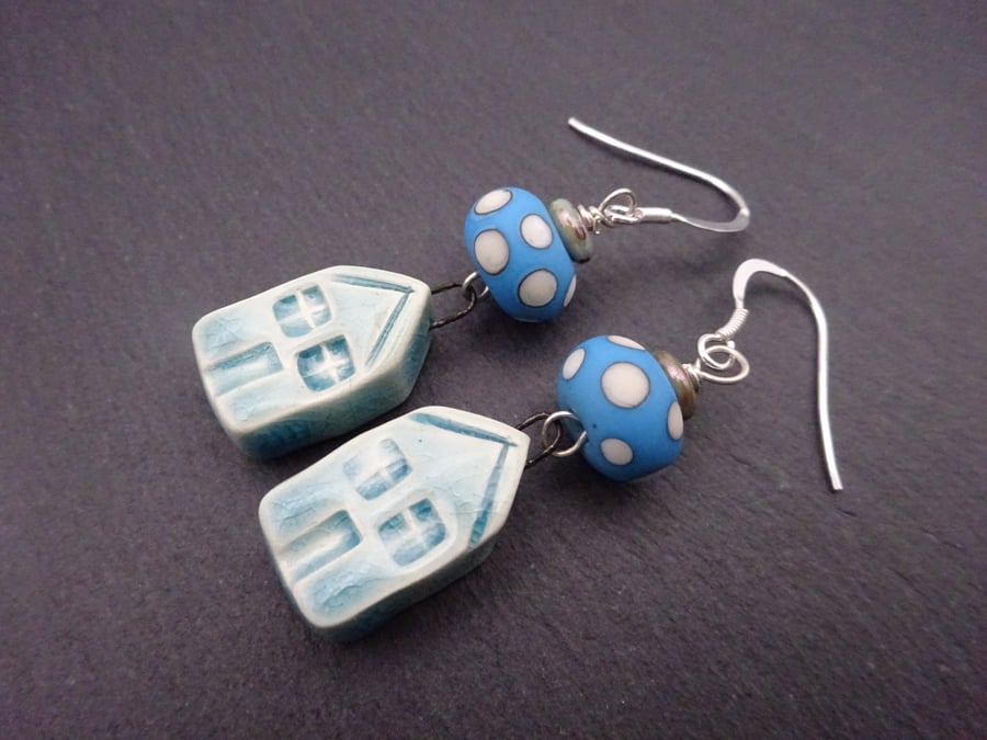 blue lampwork glass earrings, ceramic house jewellery