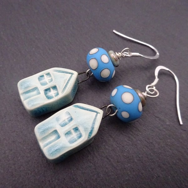 blue lampwork glass earrings, ceramic house jewellery