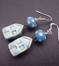 blue lampwork glass earrings, ceramic house jewellery