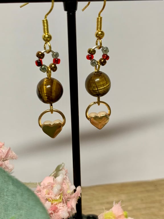 Brown Tiger Eye Gemstone and Metal Heart Earrings