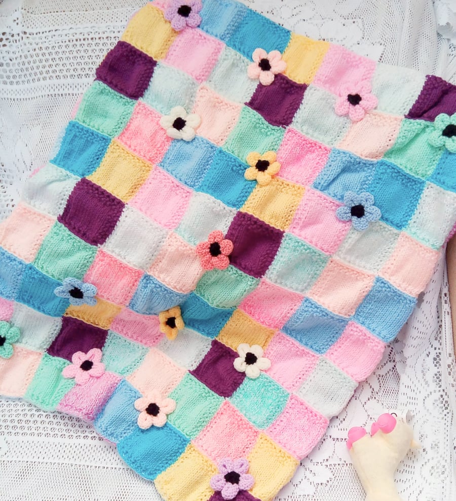 Hand Knitted Double Sided Baby Blanket, Reversible Patchwork Blanket, Baby Gift