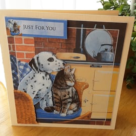 Cat and dog Dalmatian tabby Aga charming pets card