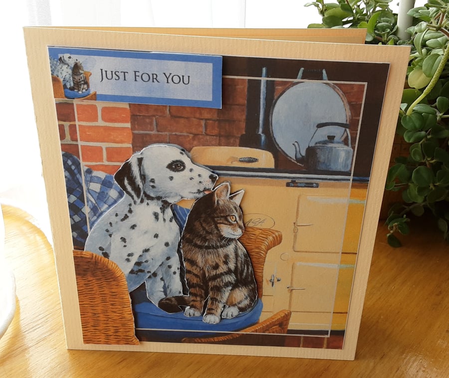 Charming Cat and Dog Card  Delightful Dalmatian and Tabby beside Aga