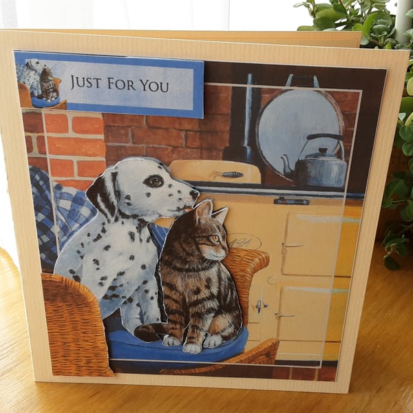 Charming Cat and Dog Card  Delightful Dalmatian and Tabby beside Aga