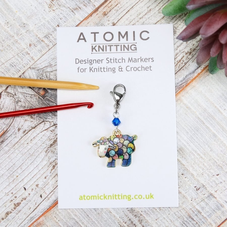 Sheep Stitch Marker - Blue Enamel Sheep & Crystal Swirl Stitch Marker Atomic Kni