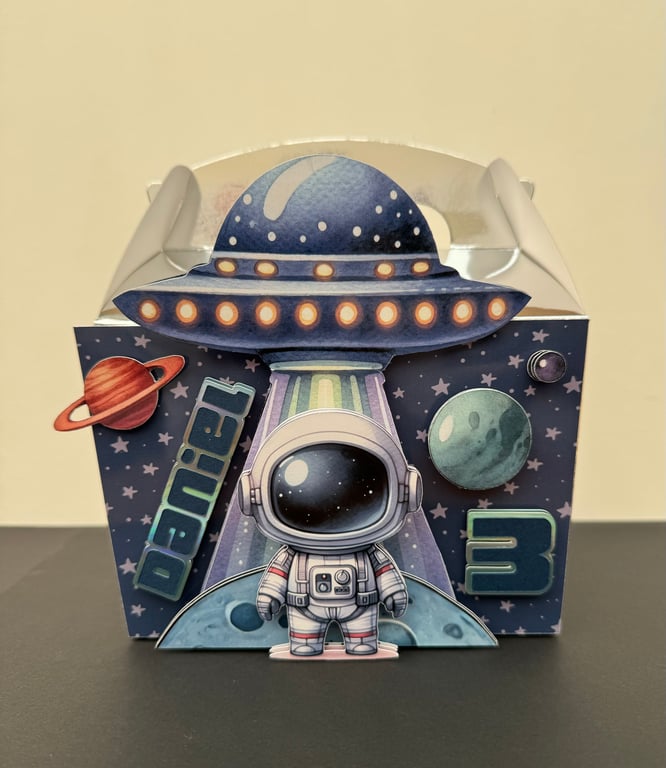 6 Personalised Space party boxes, party bags 