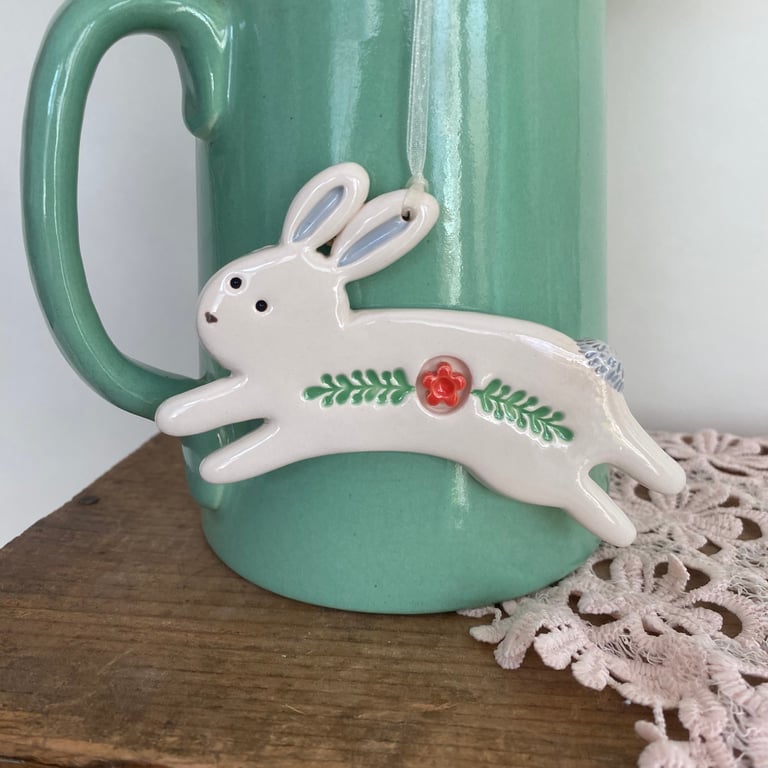 Ceramic Leaping Bunny decoration red flower