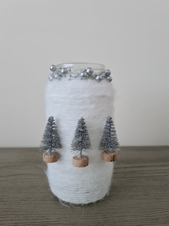 White-Silver Christmas Jar - Winter Wonderland - Yarn Wrapped - Glittery Trees