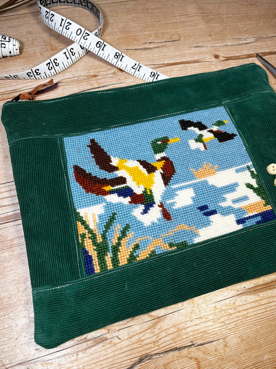 Flying ducks repurposed tapestry soft pouch green needlecord vintage buttons 