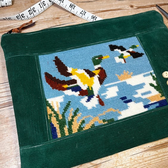 Flying ducks repurposed tapestry soft pouch green needlecord vintage buttons 