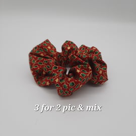 Hair band scrunchie  - Red, Green and Gold Christmas Holly. 