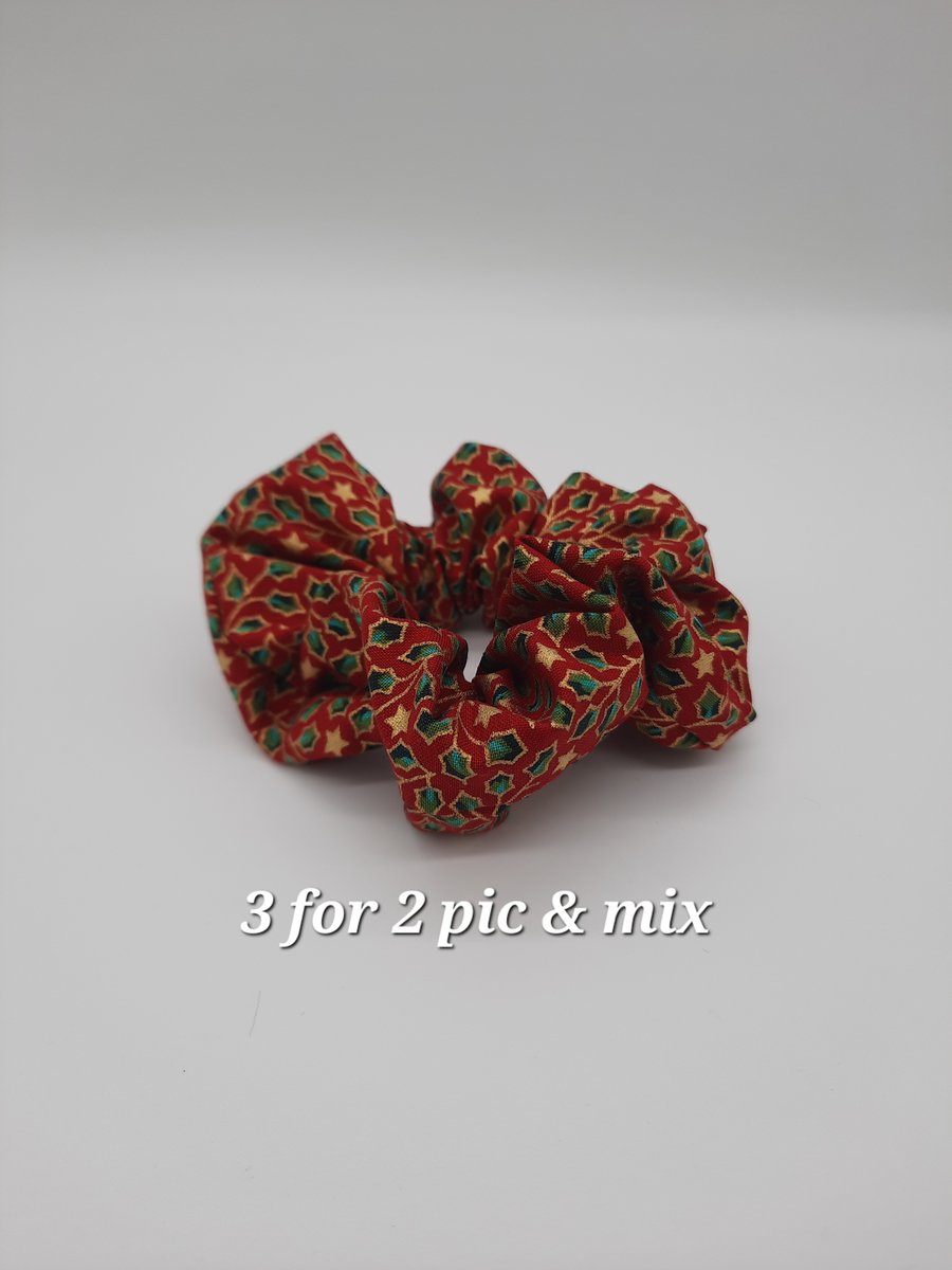 Hair band scrunchie  - Red, Green and Gold Christmas Holly. 