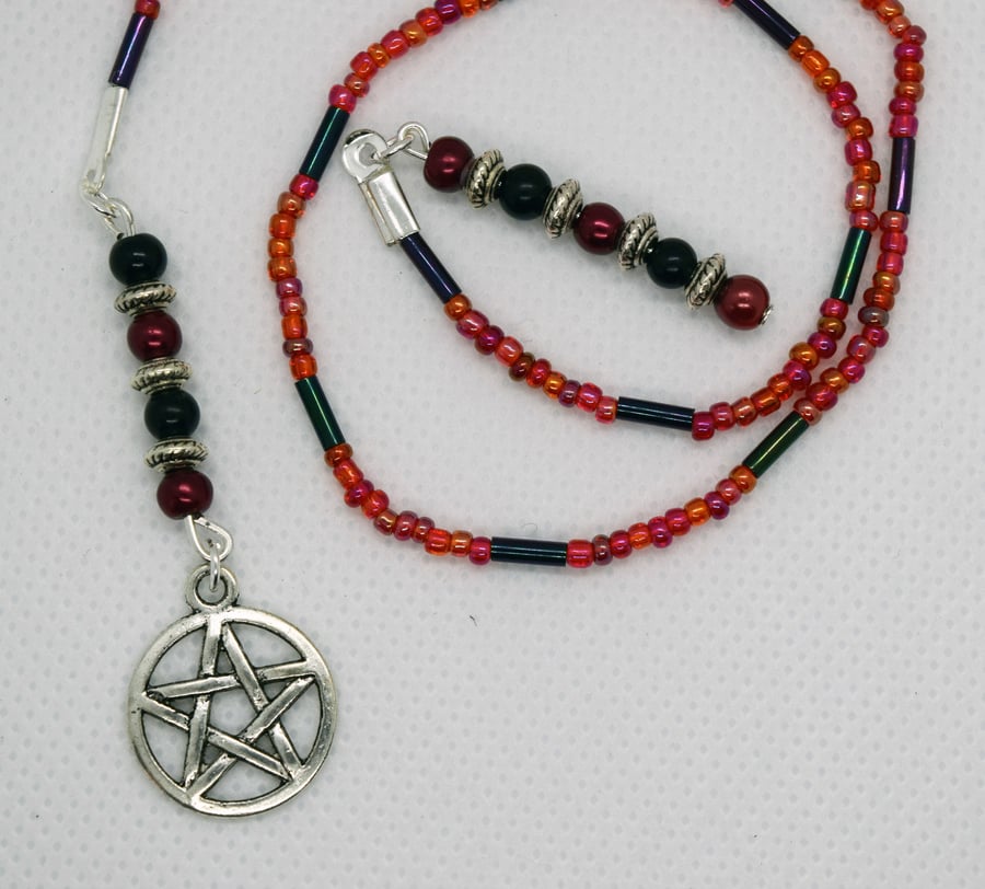 Pentagram Charm Red and Black Glass Seed and Bugle Bead Bookmark, Book Thong