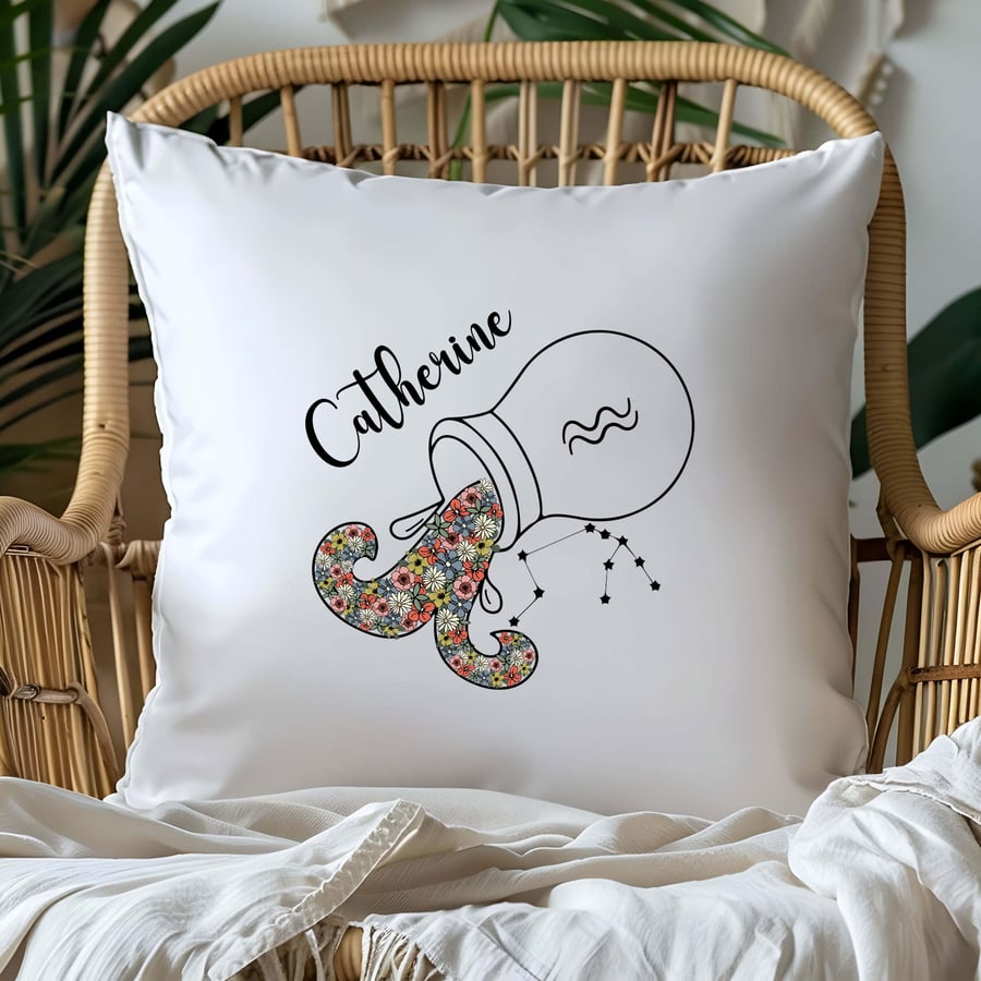 Aquarius Starsign Cushion Floral Design Unique Zodiac Personalised Birthday Gift