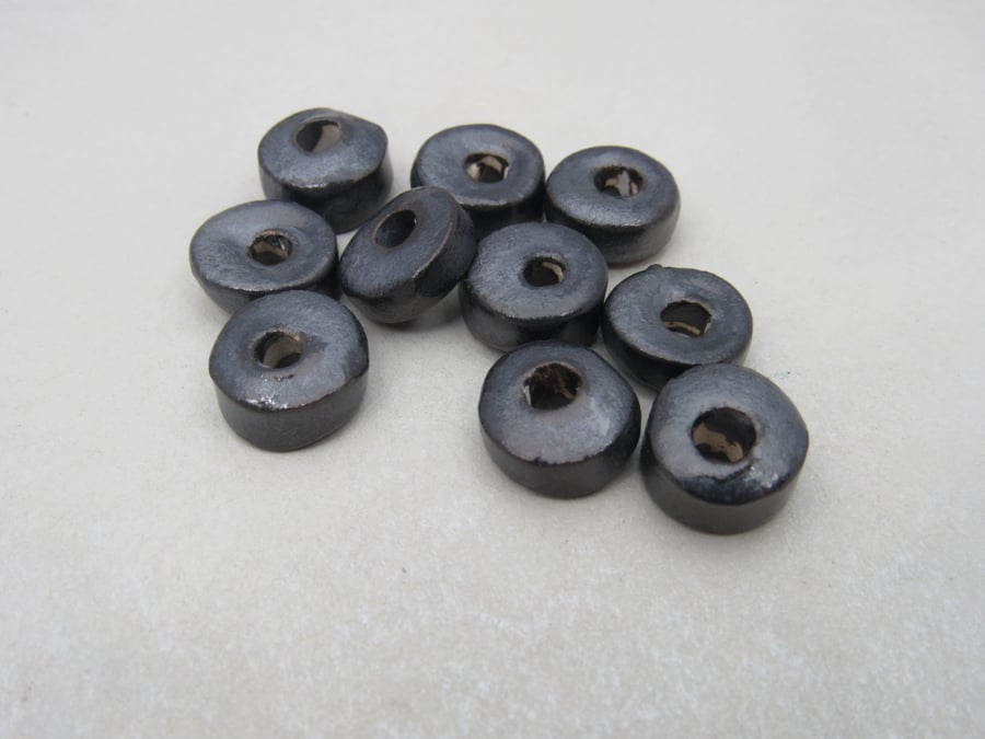 10 Small Brushed Steel Glazed Ceramic Washer Beads