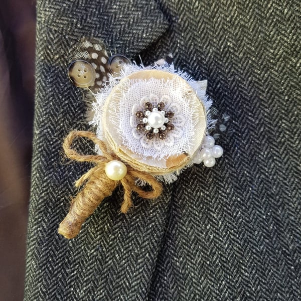 Shabby chic rustic boutonniere for men,  wedding accessories