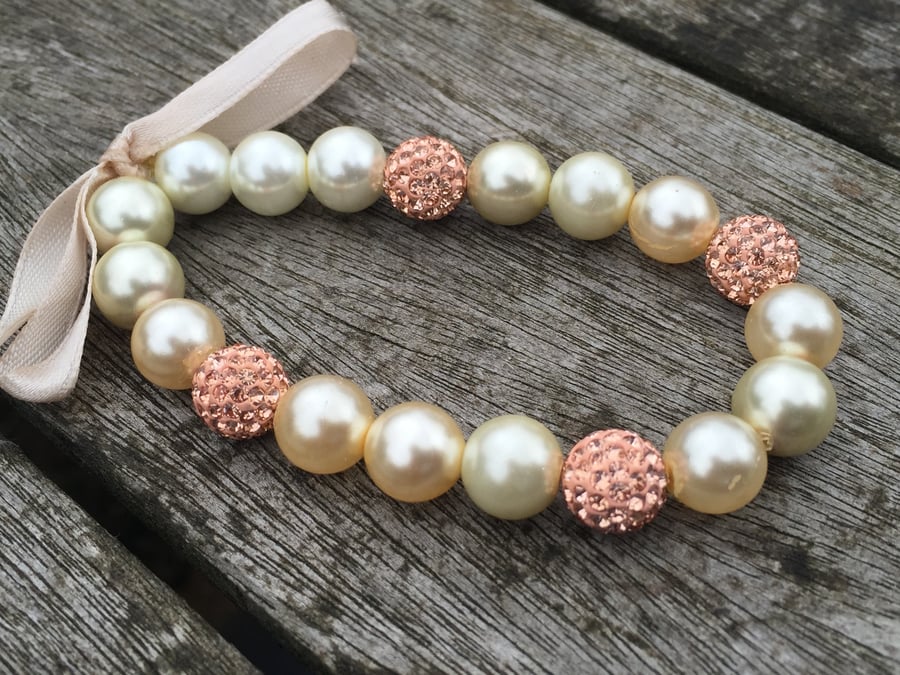 Pearls and champagne shamballa bracelet