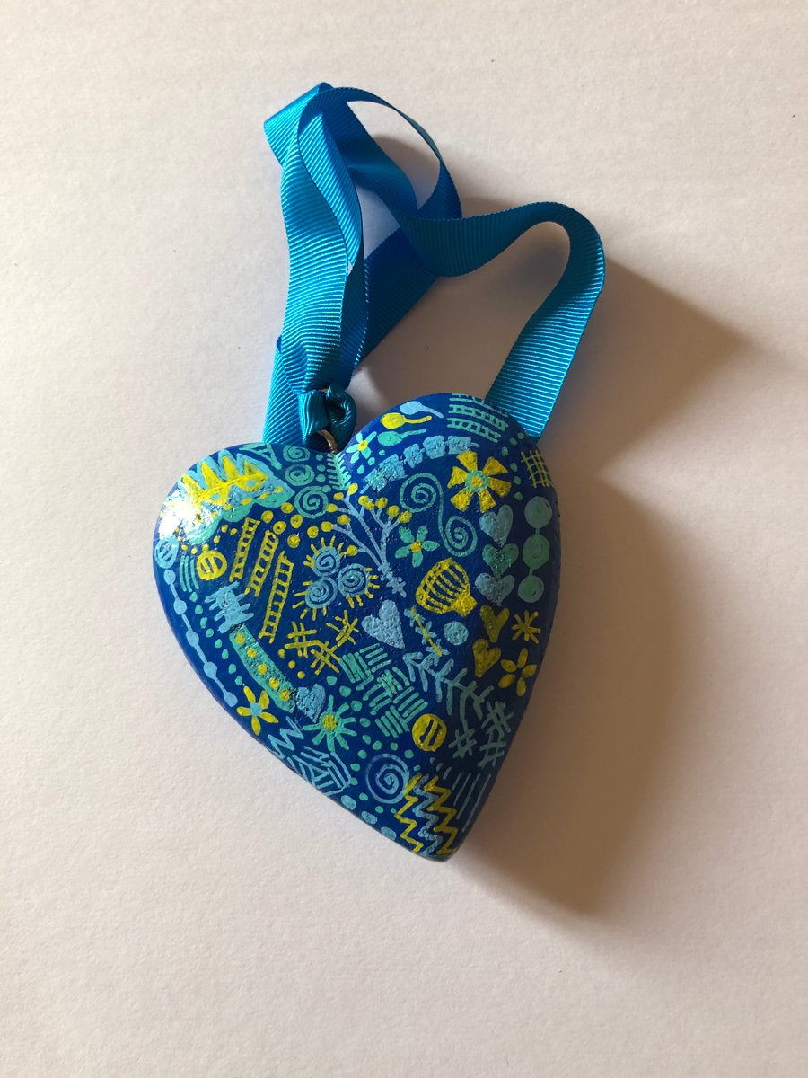 Blue hand painted wooden heart