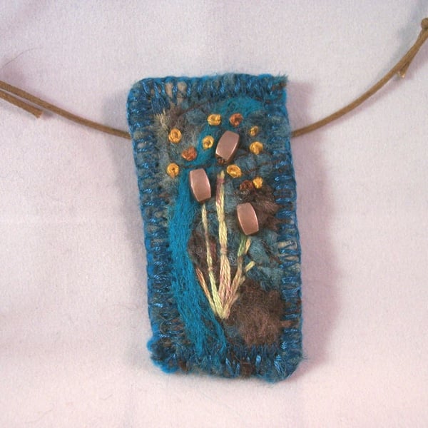 Felted and hand embroidered necklace - Bullrush