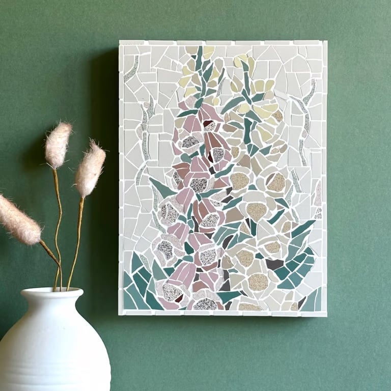 Mosaic Floral Art - Foxglove Mosaic Wall Plaque in White