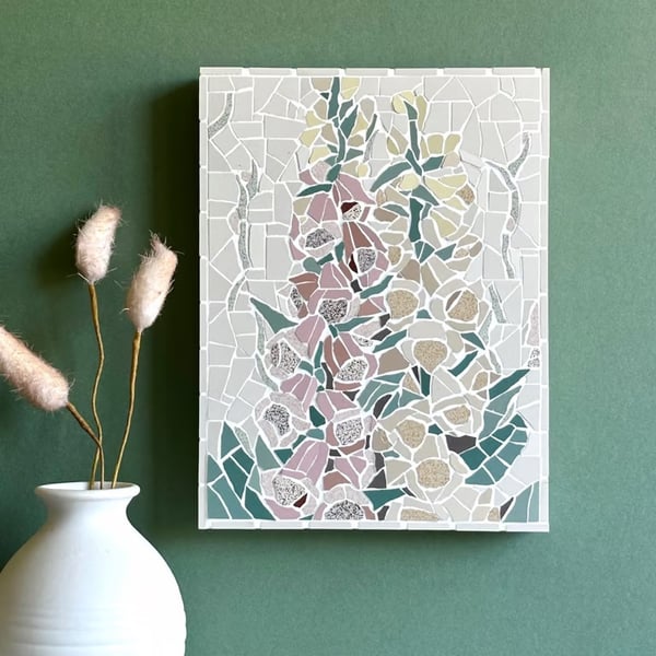 Mosaic Floral Art - Foxglove Mosaic Wall Plaque in White