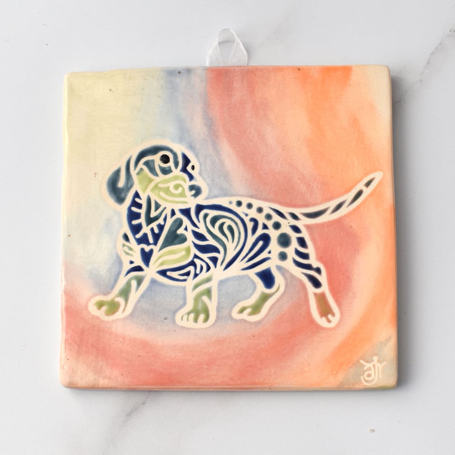 WP48 Wall plaque tile with colourful dachshund pup picture (Free UK postage)