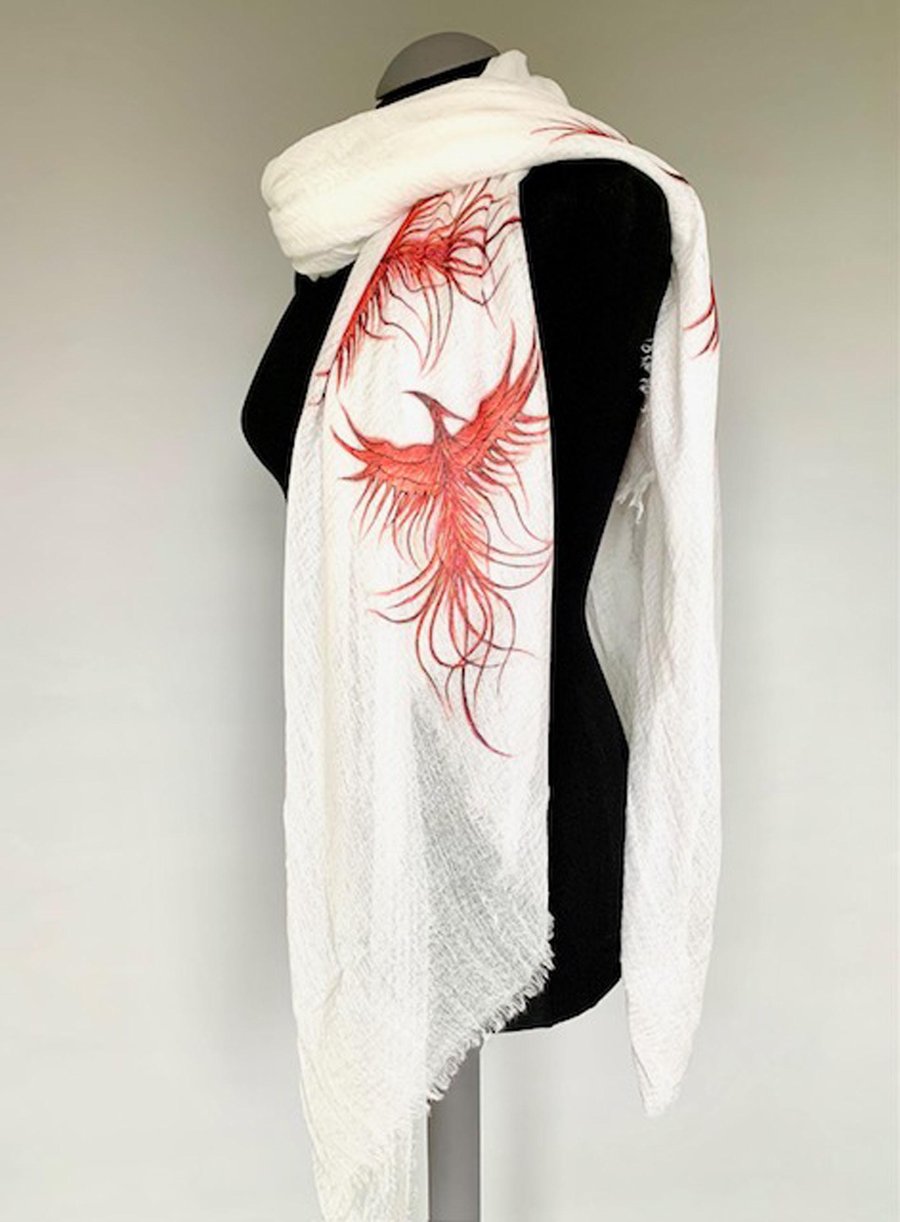 Phoenix Scarf Mythical Fire Bird Print Fashion. White. Wrap