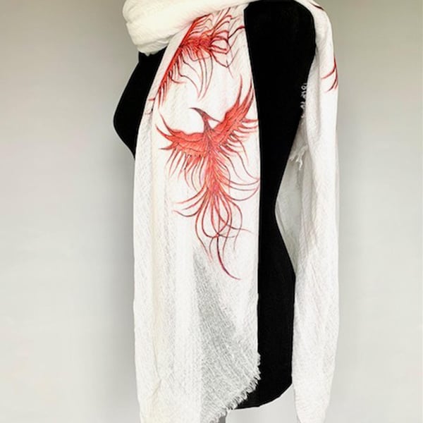 Phoenix Scarf Mythical Fire Bird Print Fashion. White. Wrap