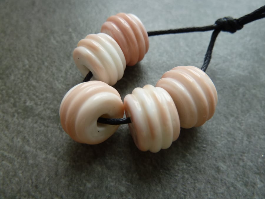 handmade lampwork glass beads, pink ribbed set