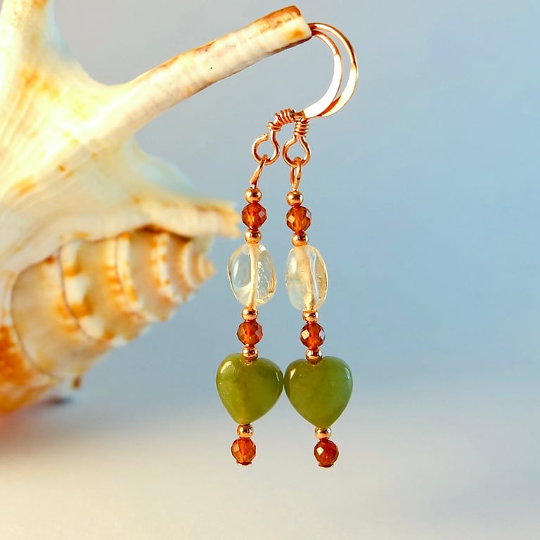 Jade Heart, Citrine & Garnet Earrings - Birthday, Anniversary, Gifts For Her