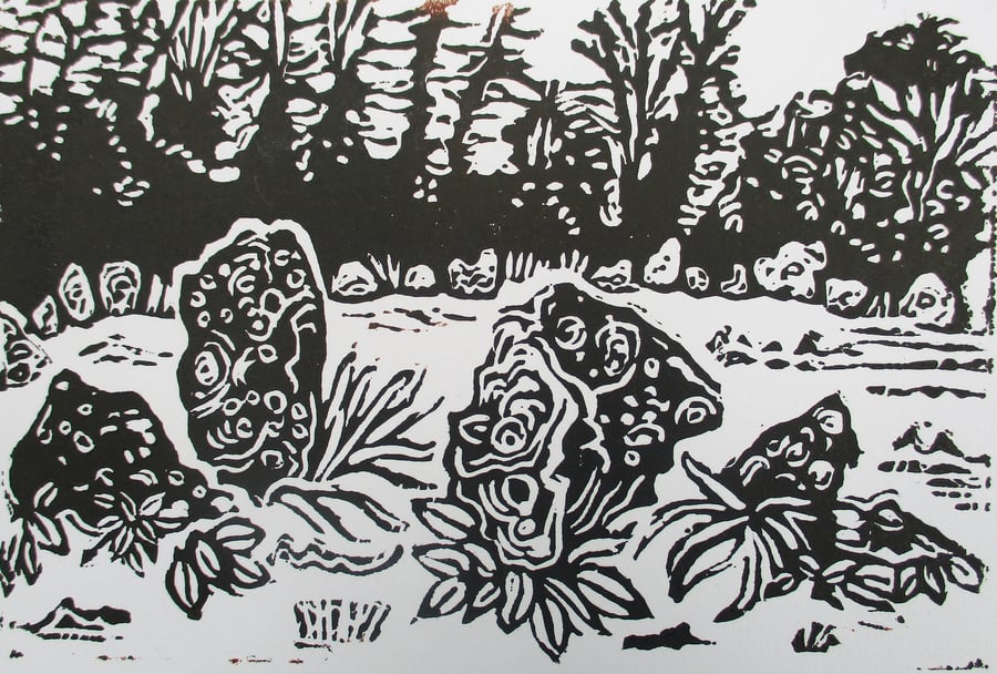 Rollright Stones, Cotswolds Original Hand Pressed Linocut Print Ltd Edition
