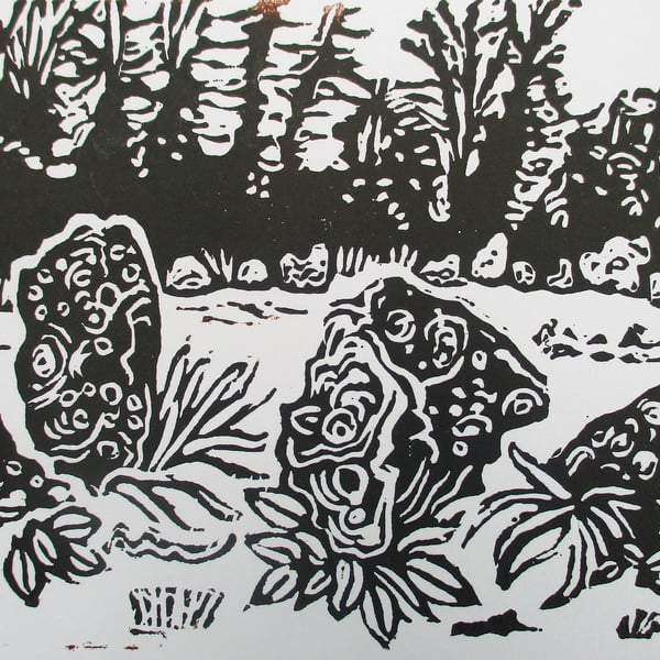 Rollright Stones, Cotswolds Original Hand Pressed Linocut Print Ltd Edition