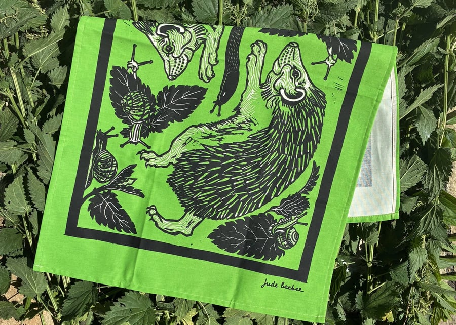 "A prickly pair" - Hedgehogs and snails screen print in green and black inks