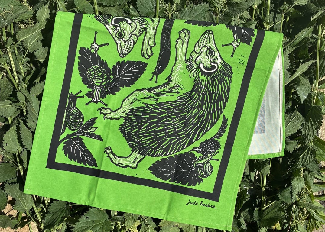 "A prickly pair" - Hedgehogs and snails screen print in green and black inks