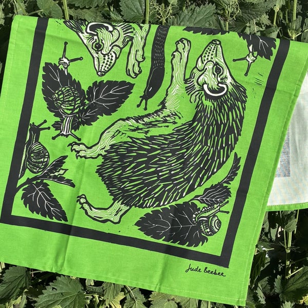 "A prickly pair" - Hedgehogs and snails screen print in green and black inks