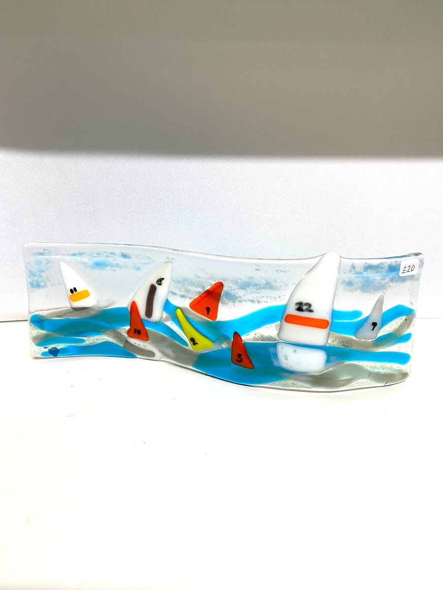  SALE-“Sailing” fused glass stand up wave ornament